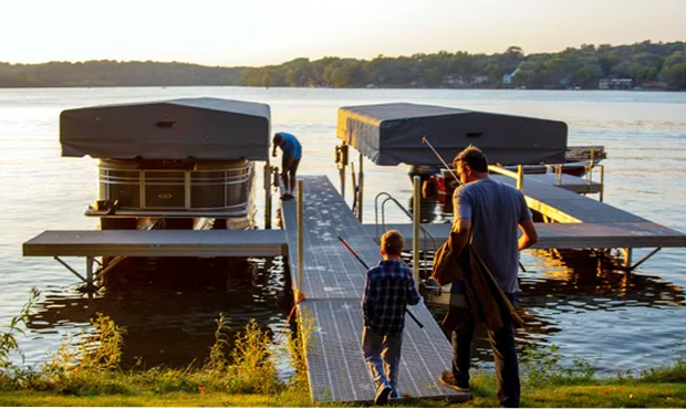 a man and a child are walking on a dock