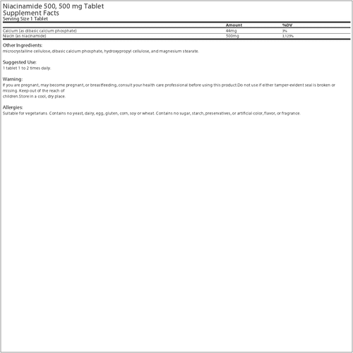 Source Naturals Niacinamide 500 500 mg Tablets Supplement Facts