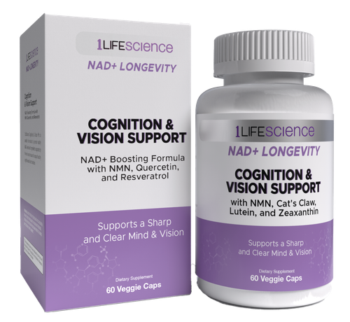 1LifeScience NAD+ Longevity Cognition and Vision Support 60 vegetarian capsules box and bottle