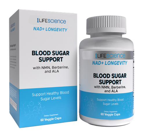 1LifeScience NAD+ Longevity Blood Sugar Support 60 vegetarian capsules box and bottle