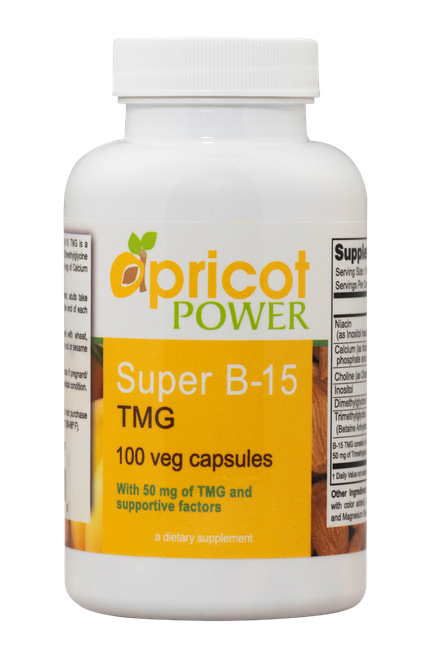 Apricot Power Super B-15 TMG 100 vegetarian capsules bottle, front