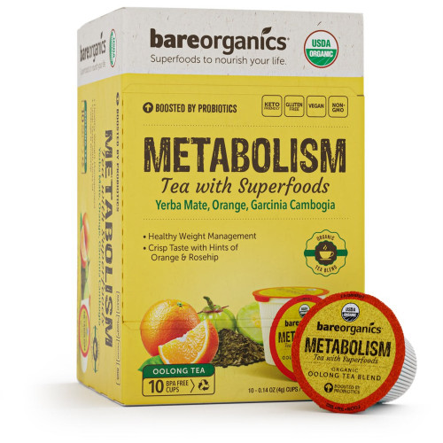 BareOrganics Metabolism Organic Oolong Tea with Superfoods Single Serve Cups, 10 Count