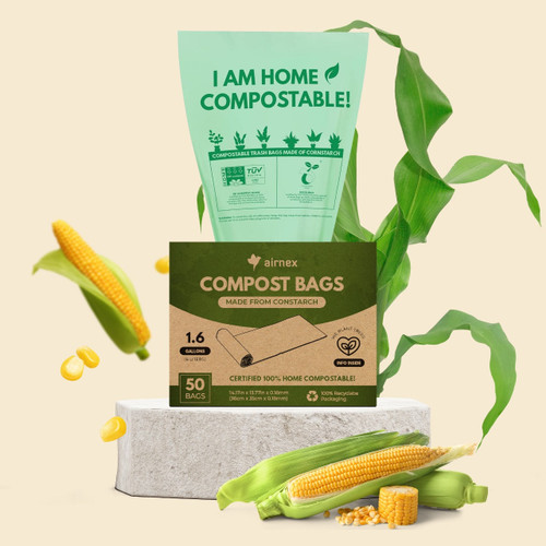 Airnex Certified Compostable Trash Bags, 1.6 Gallon, 50 Count