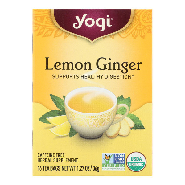 Yogi 100% Natural Tea/Herbal Tea Caffeine Free Lemon Ginger - 16 Tea Bags - Case of 6