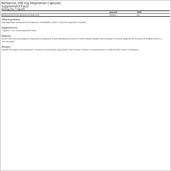 Source Naturals Berberine 500 mg Vegetarian Capsules Supplement Facts