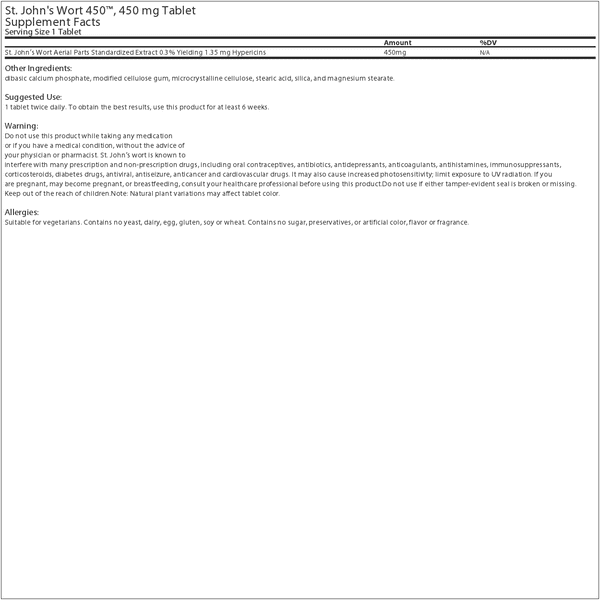 Source Naturals St. John's Wort 450 450 mg Tablets Supplement Facts