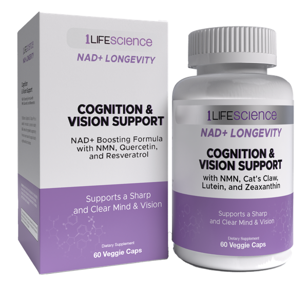 1LifeScience NAD+ Longevity Cognition and Vision Support 60 vegetarian capsules box and bottle