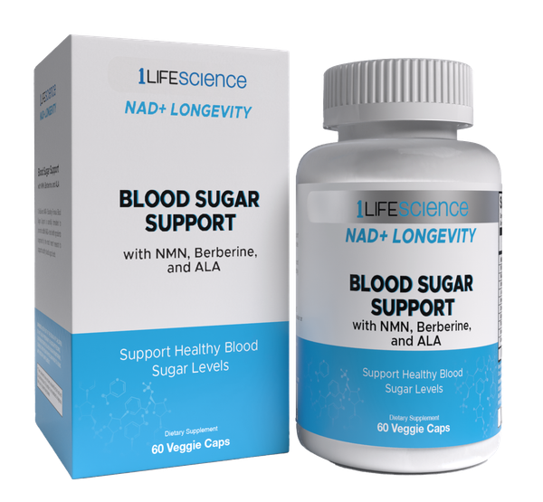 1LifeScience NAD+ Longevity Blood Sugar Support 60 vegetarian capsules box and bottle