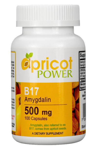 Apricot Power B17 Amygdalin 500 mg 100 capsules bottle, front
