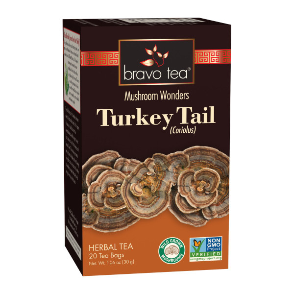 Bravo Tea Mushroom Wonders Turkey Tail Mushroom Herbal Tea box, 20 tea bags