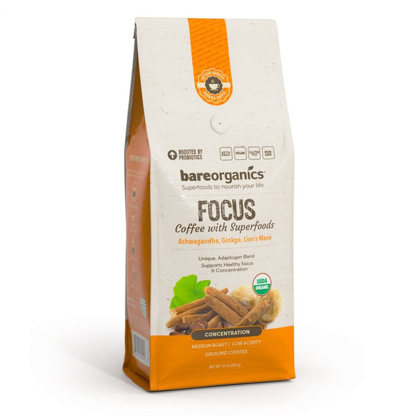 BareOrganics Focus Organic Ground Coffee with Superfoods, Medium Roast, 10 oz