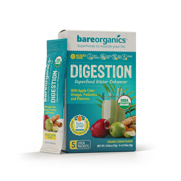 BareOrganics Digestion Superfood Water Enhancer, Organic Lemon, 5 Stick Packs