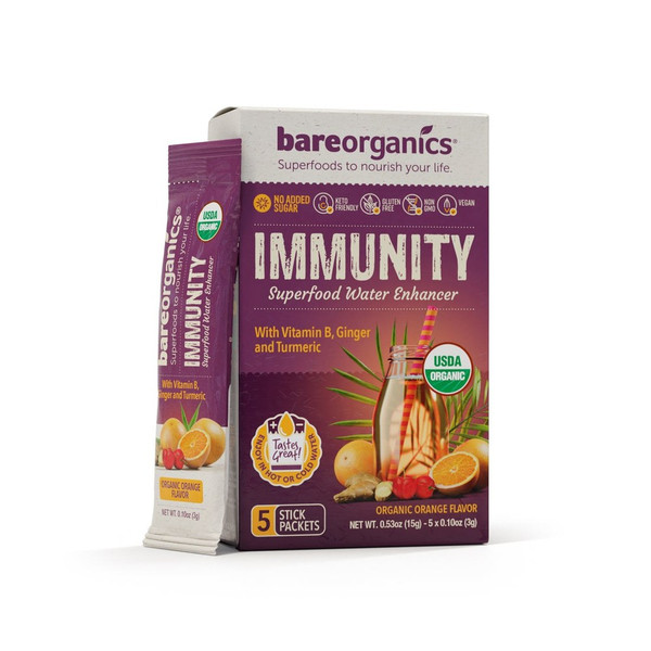 BareOrganics Immunity Superfood Water Enhancer, Organic Orange, 5 Stick Packs