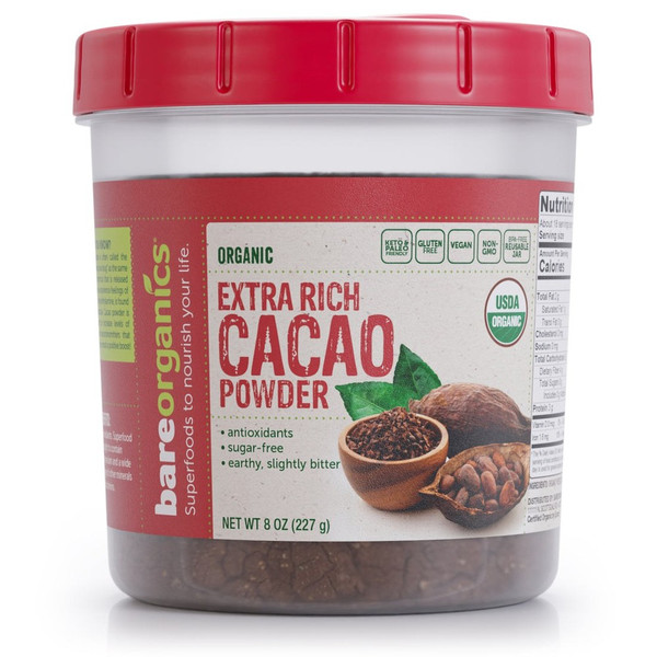 BareOrganics Organic Extra Rich Cacao Powder, Cold-Pressed, 8 oz