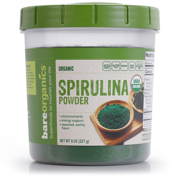 BareOrganics Organic Spirulina Powder, Raw & Vegan, 8 oz