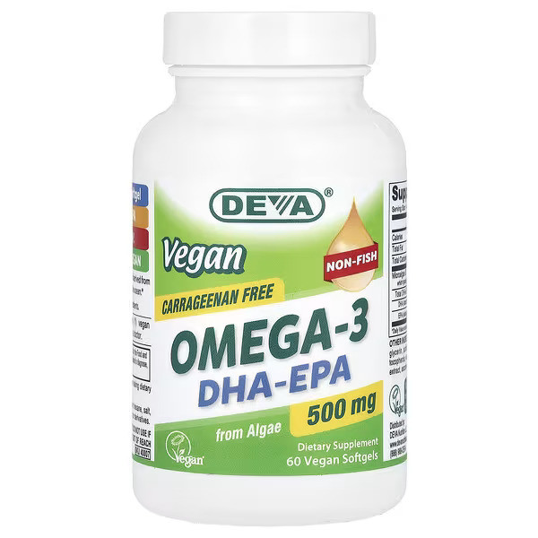 Deva Vegan Omega-3 DHA-EPA 500 mg, Carrageenan-Free, 60 Vegan Softgels