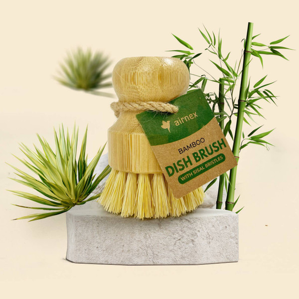 Airnex Bamboo Dish Brush with Sisal Bristles, Plastic-Free, 1 Count