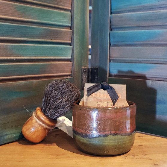 horse hair brush, handmade stoneware shave set, natural soap, red dirt soap