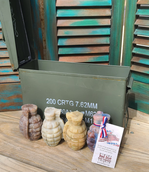 grenade soap, ammo box, made in oklahoma, made in america, all natural skin care, red dirt soap