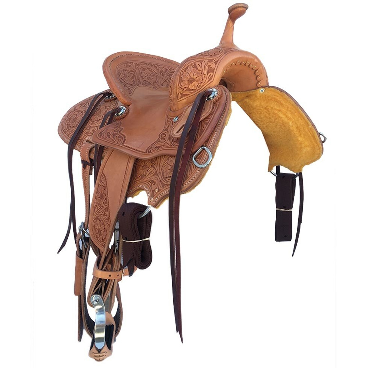 New Stock Saddle in Hermann Oak leather by Fort Worth Saddle Co with 13 inch seat. Light oil slick seat with all floral tooling and floral embellished pencil roll cantle. Gullet size is 7 inch, weight is 27lbs, and skirt is 25 inch. Made in USA. Limited lifetime warranty.

S978