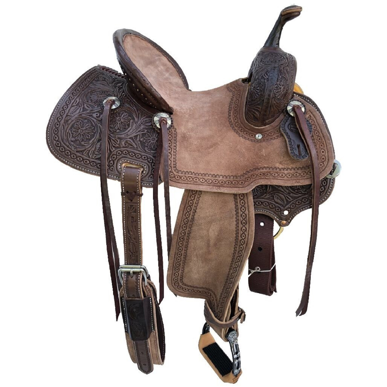 New Jackson Stock Saddle by Fort Worth Saddle Co with 13 inch seat.  Floral hand-tooling on skirt and pommel. Pencil roll with border tooled roughout seat and jockeys. Gullet size is 7.5 inch, weight is 27lbs, and skirt is 25 inch. Made in USA. Limited lifetime warranty.  S993