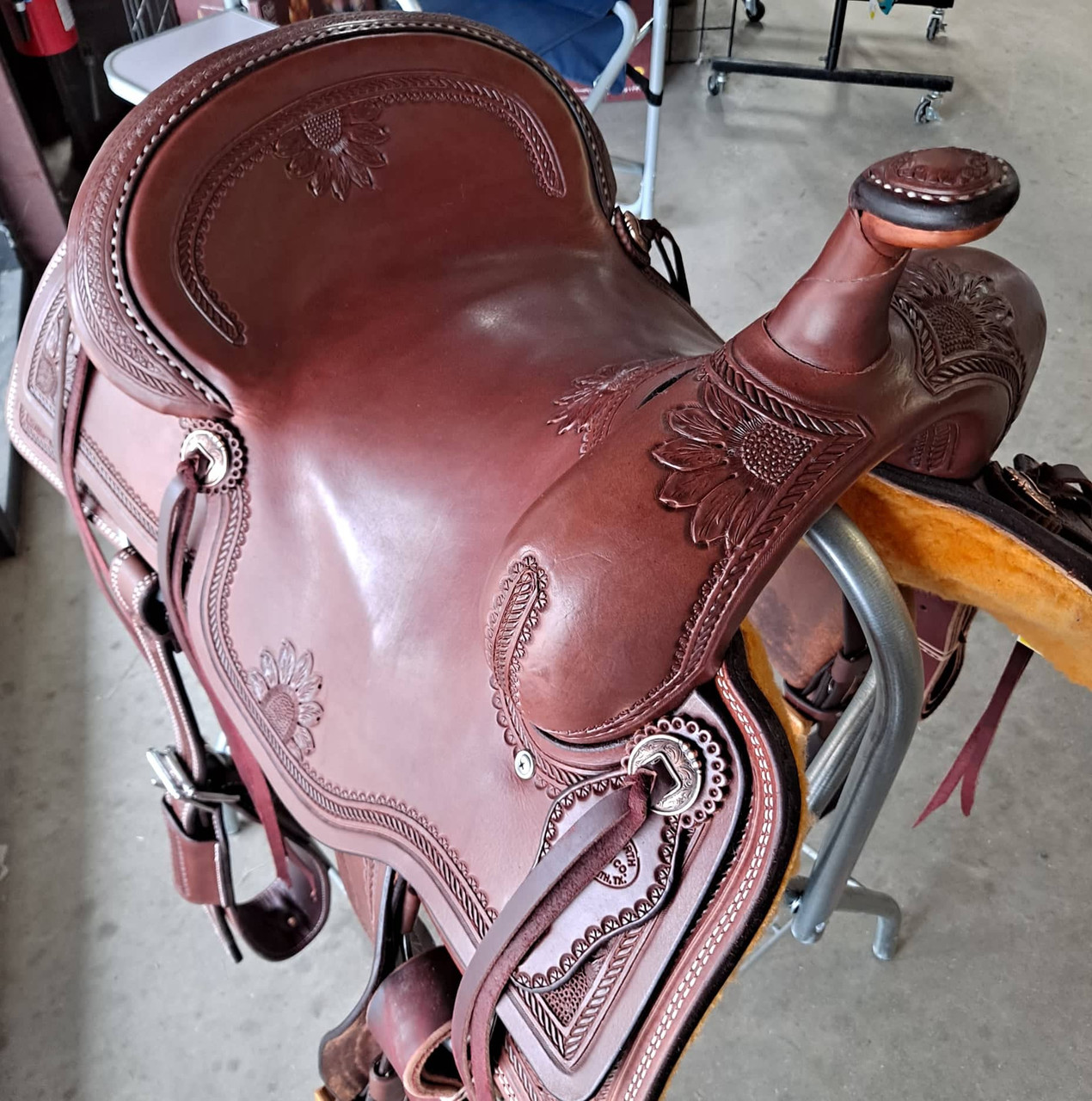 NEW: THE COWHORSE
New Cowhorse Saddle by Fort Worth Saddle Co with 16 inch smooth seat. Butter smooth Hermann Oak, squared skirt, and gorgeous hand-tooling. Real wool fleece. Leather latigo and offside. Match flank billets and flank cinch. Guaranteed to turn heads. Gullet size is 7 inch, weight is 37lbs, and skirt is 28 inch. Made in USA. Limited lifetime warranty.

S1497