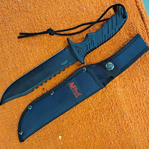 Mtech Hunter.Stainless Steel. Total length is 12.5 inches with 7 inch blade. Vertical sheath included. Black hollow ground blade with saw back. Ergonomic handle.