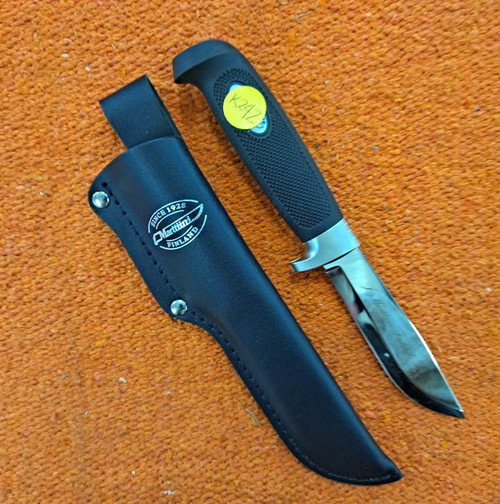 Martinni Skinner.Stainless Steel Chrome. Total length is 9 inches with 4.25 inch blade. Handle is Synthetic. Vertical sheath included. Sharp as a razor out of the box. Chromed stainless clip point blade with Scandi bevel. Sheath is black leather.