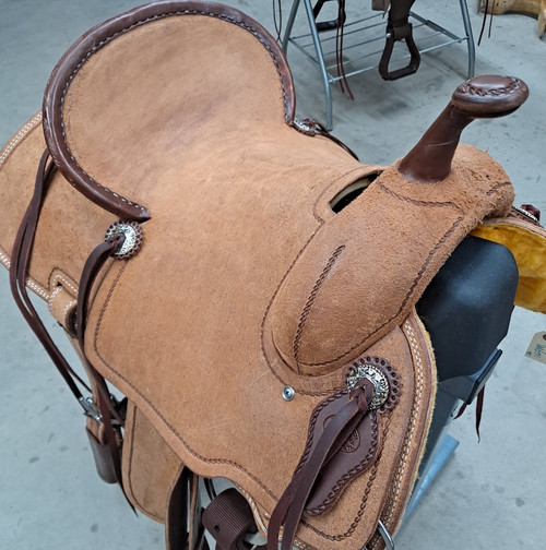 New Jackson Stock Saddle by Fort Worth Saddle Co with 14.5 inch seat. Roughout with rope border. Built on our proprietary "hog-bars" Jackson tree. Hermann Oak leather. Gullet size is 7.5 inch, weight is 27lbs, and skirt is 26.5 inch. Made in USA. Limited lifetime warranty.

S1482