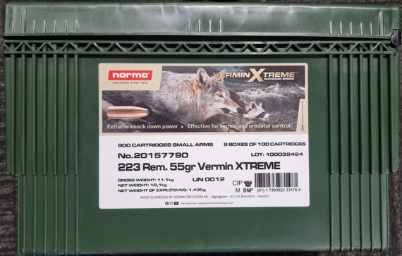 Norma 223 55gr Rem Vermin Xtreme Hp 900pc Ammo Can Of 900