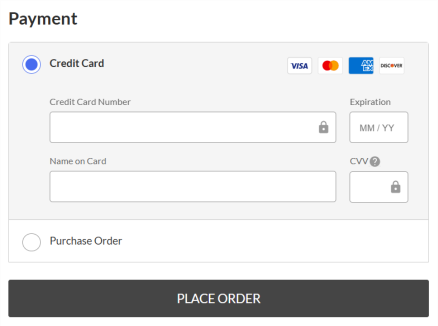 Radio buttons for credit card and purchase order. Credit card order is selected, with fields visible for credit card number and name on card. 
