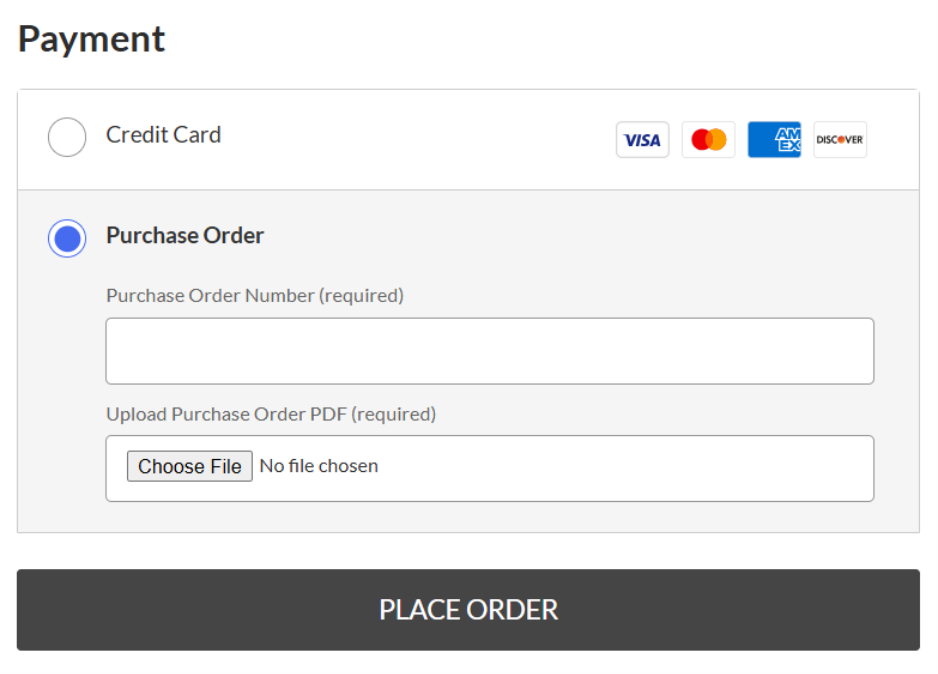Radio buttons for credit card and purchase order. Purchase order is selected, with fields visible for PO number and upload PO PDF. 