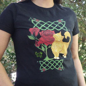 Women's t-shirt featuring artwork of a cute orange tabby cat smelling roses with celtic knots Women's t-shirt featuring artwork of a cute orange tabby cat smelling roses with celtic knots