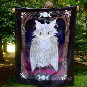 plush blanket featuring mystical creature design with a cat combined with an owl "meowl" plush blanket featuring mystical creature design with a cat combined with an owl "meowl"