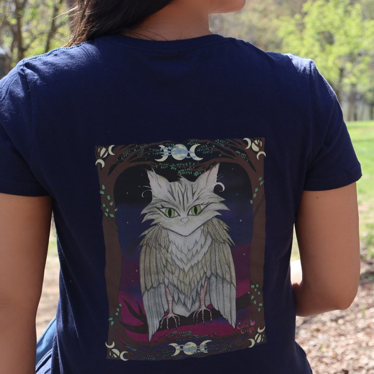 Women's t-shirt with cat and owl artwork design