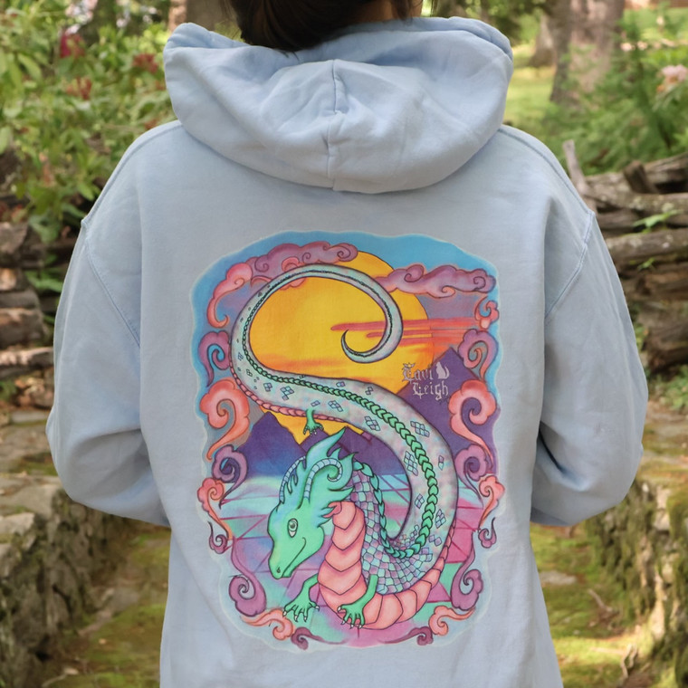 Unisex hoodie featuring colorful vaporwave art kawaii dragon, anime inspired design