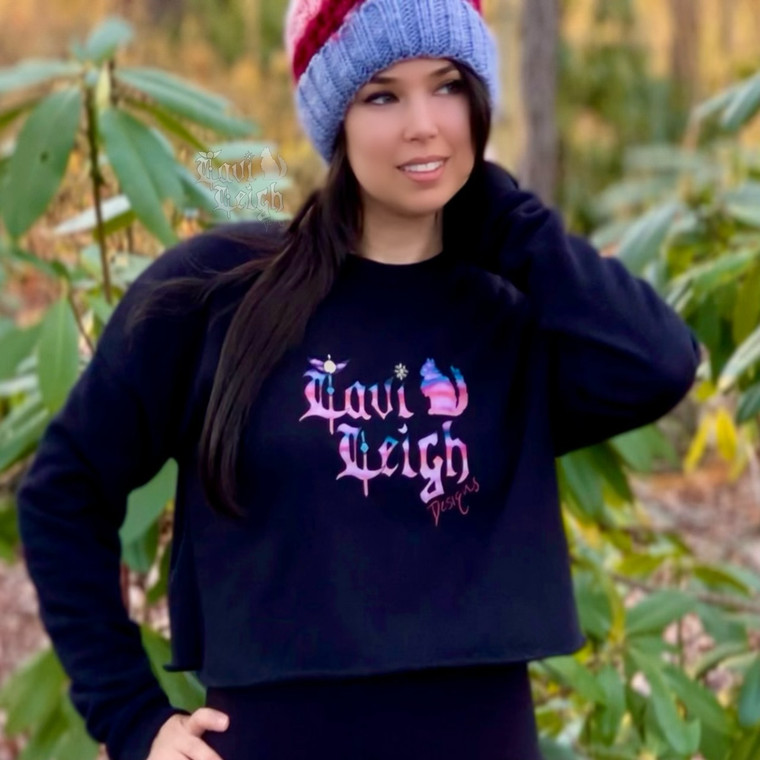 cropped top sweatshirt in black with "Lavi Leigh Designs" sunset logo
