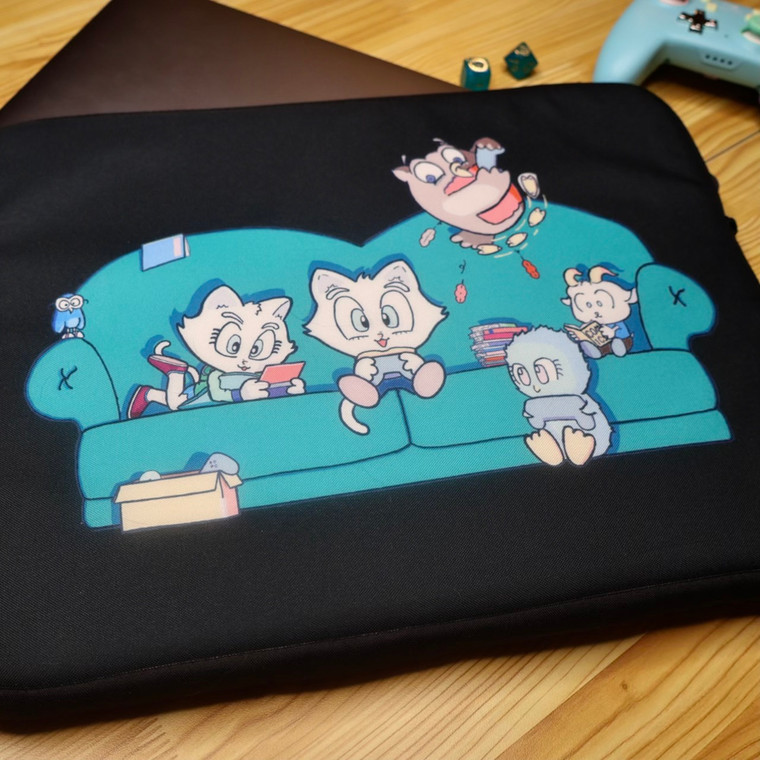 laptop sleeve with gamer club design, kawaii cats playing video games