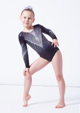 Alegra Girls Twinkle Diamante Long Sleeve Gymnastics Leotard Black Front [Black]