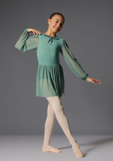 Long sleeved dress with pleated neck trim Juniper Green Front 5 [Green]