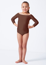 3/4 sleeve slash neck leotard Brown Front [Brown]