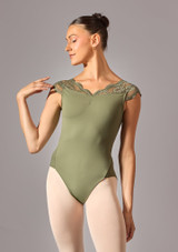Move Dance Lennie Cap Sleeve Lace Leotard Khaki Front 4 [Green]