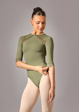 Move Dance Vivi 3/4 Sleeve Lace Leotard Khaki Back 4 [Green]
