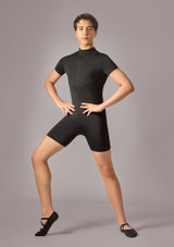 Move Dance Mateo Mens Short Sleeve Zip Biketard Black Front [Black]