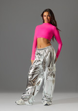 Mesh long sleeved Crop Top with cordinating jersey crop top Cerise Front [Pink]