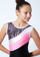 Tappers & Pointers Cascade Striped Sleeveless Gymnastics Leotard Hibiscus Close up front [Pink]