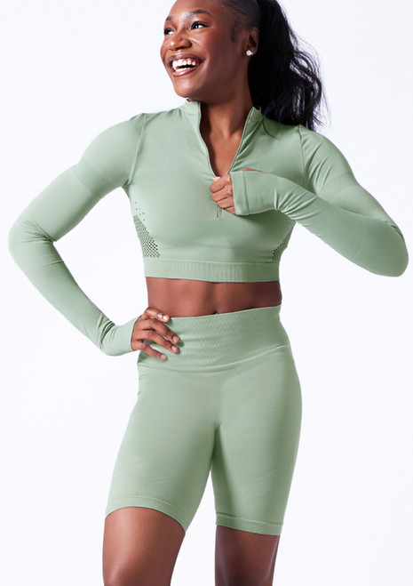 Move Dance Orianna Seamless Zip Crop Top Front [Green]