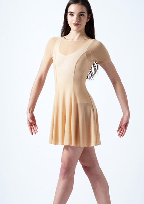 Move Dance Ceres Short Sleeve Lyrical Dress Tan front. [Tan]
