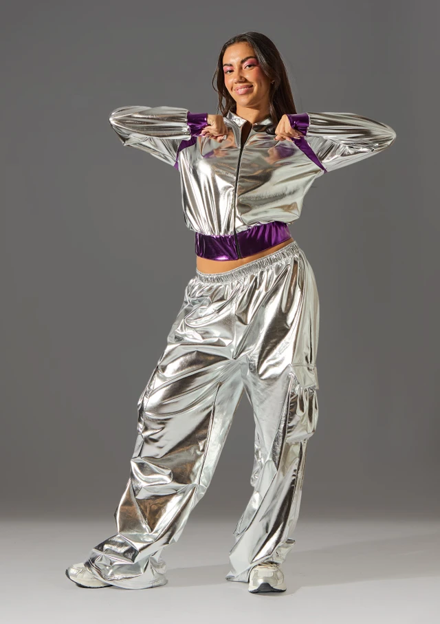 Metallic Hip Hop Bomber Jacket with contrast purple Silver Front [Silver]