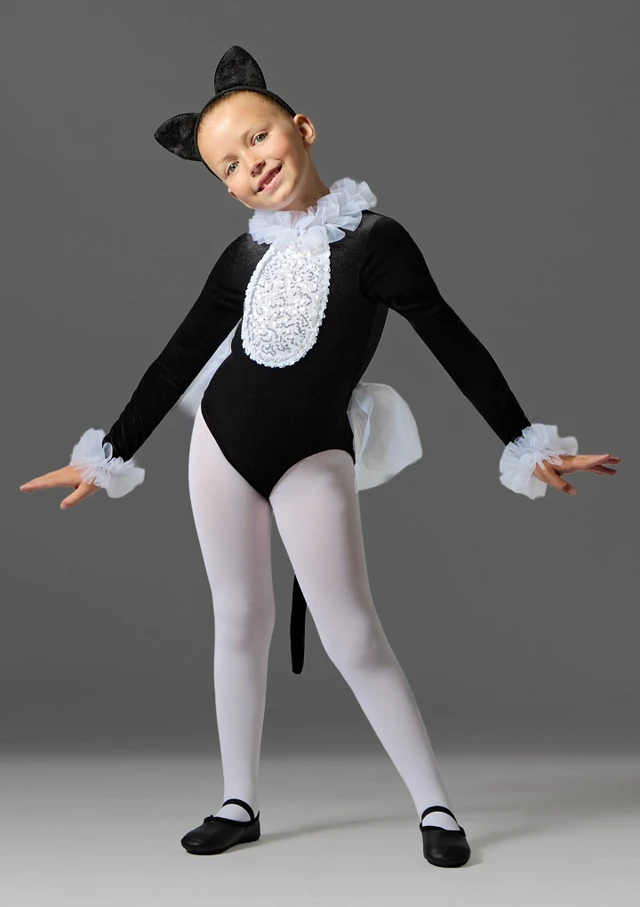 Black & White velour cat with net ruffles and velour ear headband White-Black Front [White]